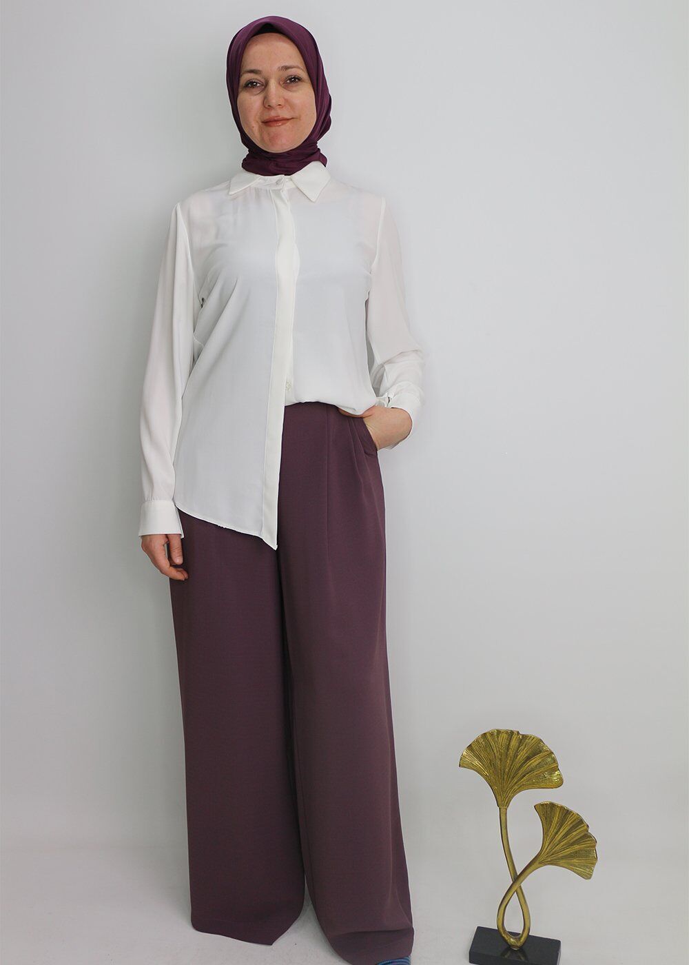 59014 BELİ YARIM LASTİKLİ YANDAN FERMUARLI CEPLİ ETEK PANTOLON QYS ETEK PANTOLON 59014 #23-063 44 - MÜRDÜM