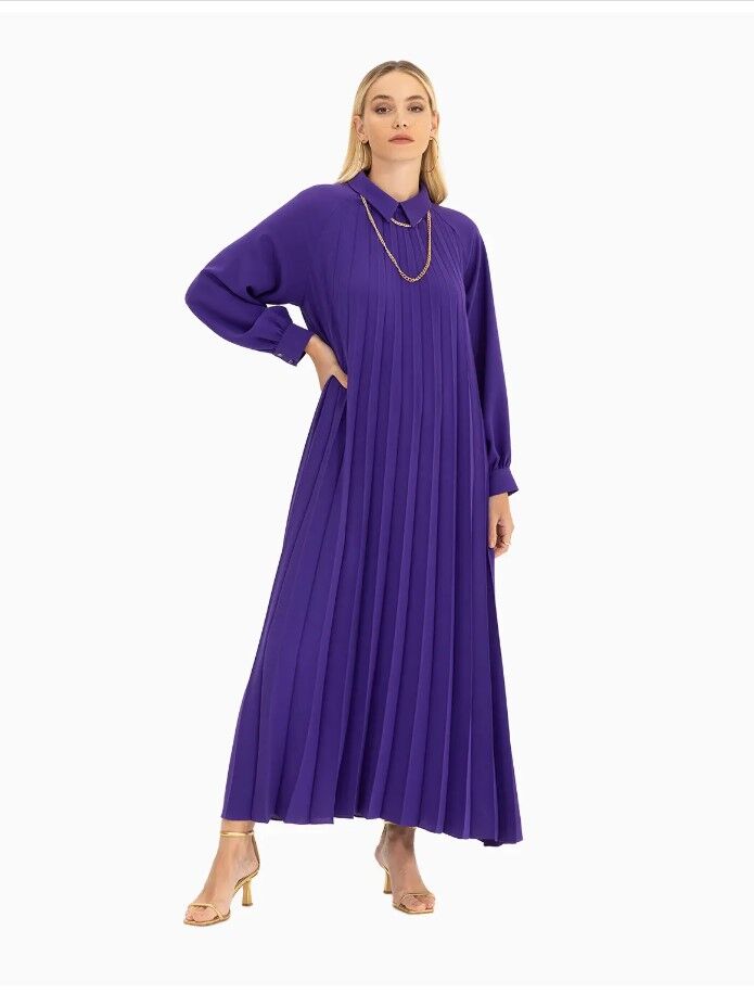 ELBİSE AKSESUAR DETAYLI REGLAN KOL BİLEK BOY PİLİSELİ ELBİSE 38 - mor