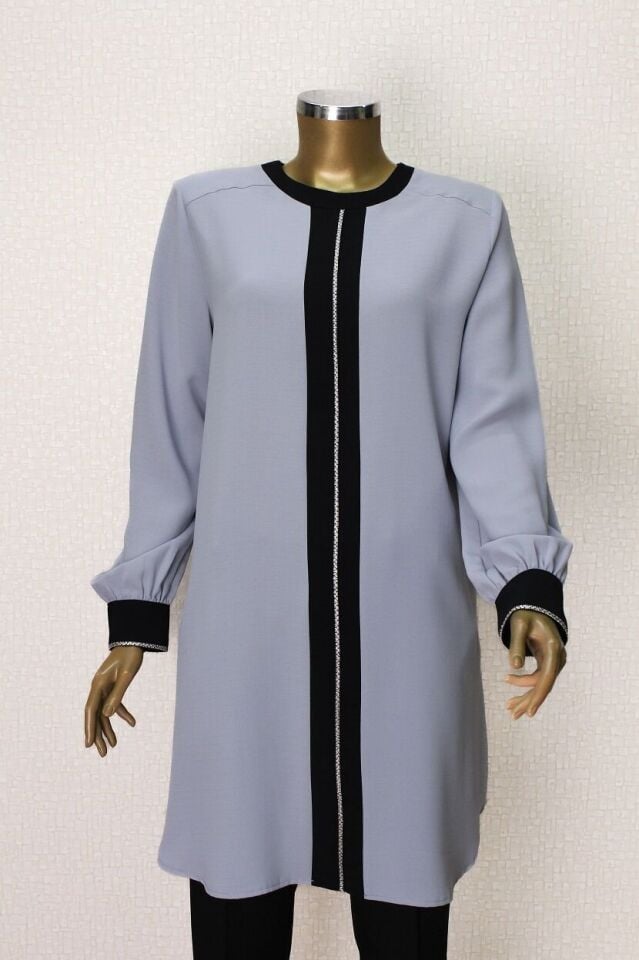 61106 ÖNÜ VE KOL UÇLARI TAŞ DETAYLI RAHAT KESİM TUNİK QYS TUNİK 61106 #23-063