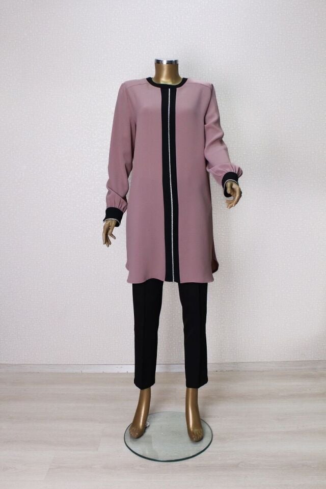 61106 ÖNÜ VE KOL UÇLARI TAŞ DETAYLI RAHAT KESİM TUNİK QYS TUNİK 61106 #23-063