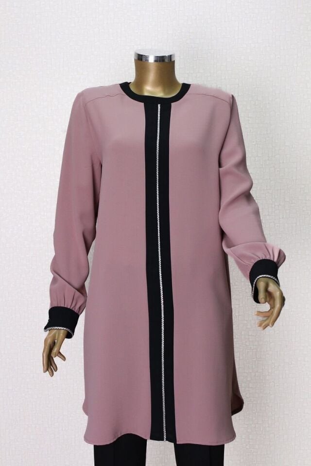 61106 ÖNÜ VE KOL UÇLARI TAŞ DETAYLI RAHAT KESİM TUNİK QYS TUNİK 61106 #23-063