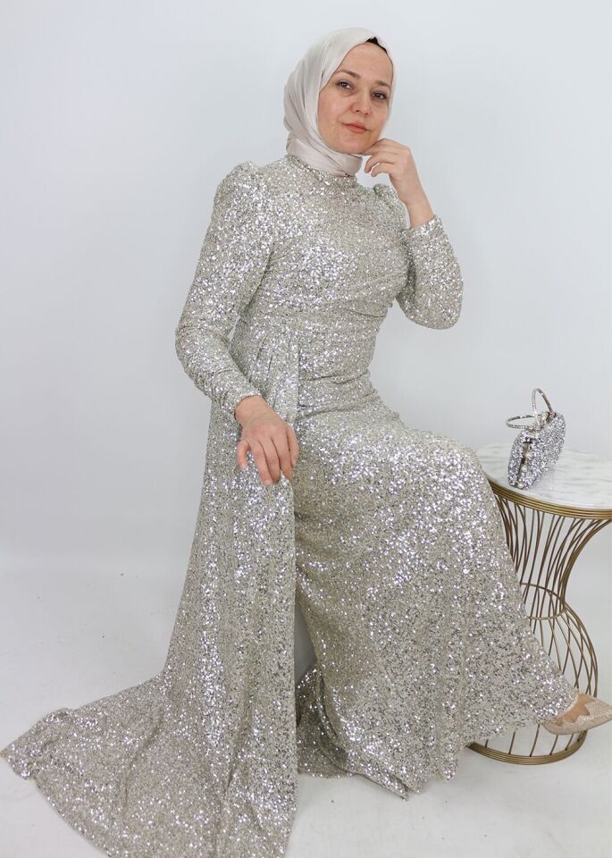 175 ÖMÜ VE ARKASI PUL VE PAYETLİ YANDAN PELERİNLİ ABİYE ELBİSE QYS ABİYE ELBİSE 175 #23-07#