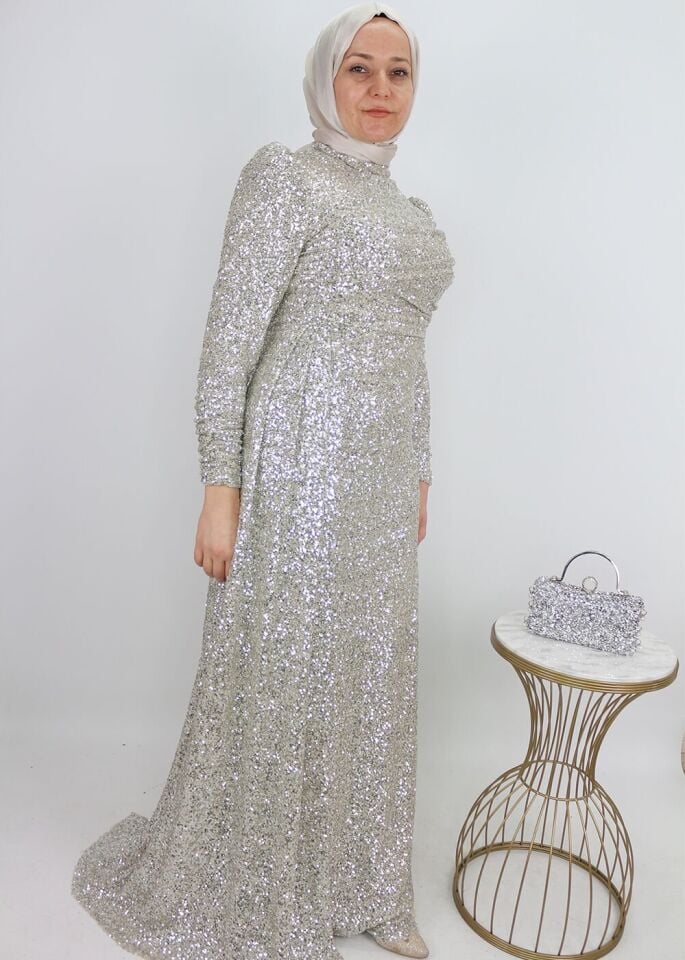 175 ÖMÜ VE ARKASI PUL VE PAYETLİ YANDAN PELERİNLİ ABİYE ELBİSE QYS ABİYE ELBİSE 175 #23-07#