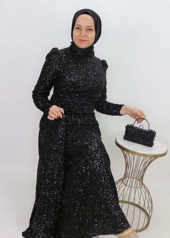 175 ÖMÜ VE ARKASI PUL VE PAYETLİ YANDAN PELERİNLİ ABİYE ELBİSE QYS ABİYE ELBİSE 175 #23-07#