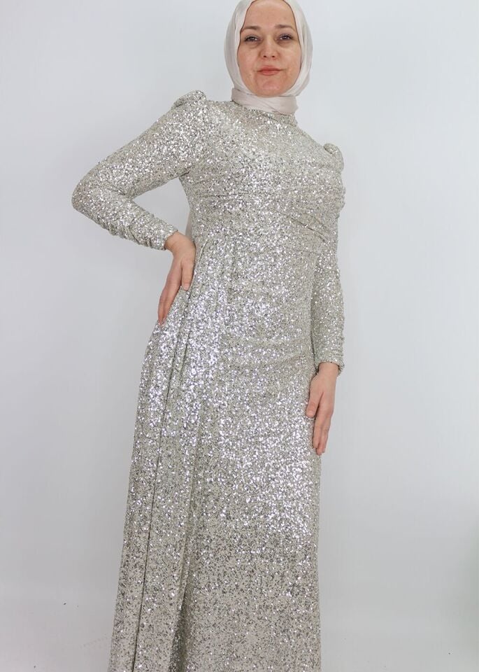 175 ÖMÜ VE ARKASI PUL VE PAYETLİ YANDAN PELERİNLİ ABİYE ELBİSE QYS ABİYE ELBİSE 175 #23-07#