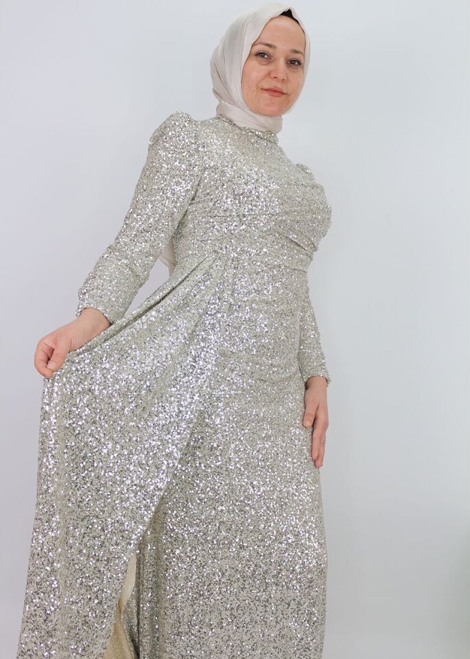 175 ÖMÜ VE ARKASI PUL VE PAYETLİ YANDAN PELERİNLİ ABİYE ELBİSE QYS ABİYE ELBİSE 175 #23-07#