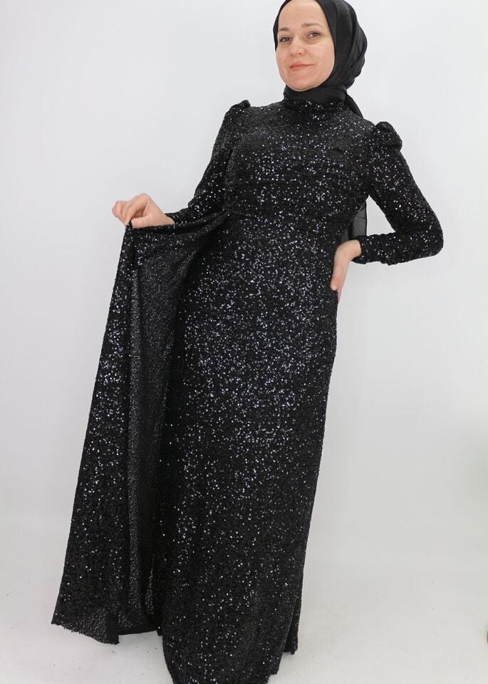 175 ÖMÜ VE ARKASI PUL VE PAYETLİ YANDAN PELERİNLİ ABİYE ELBİSE QYS ABİYE ELBİSE 175 #23-07#