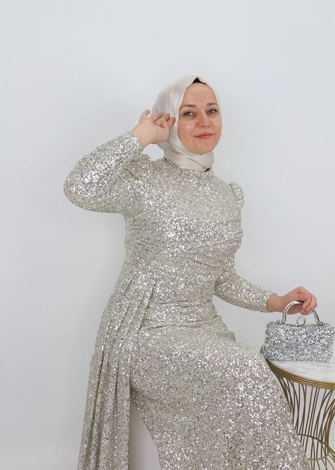 175 ÖMÜ VE ARKASI PUL VE PAYETLİ YANDAN PELERİNLİ ABİYE ELBİSE QYS ABİYE ELBİSE 175 #23-07#