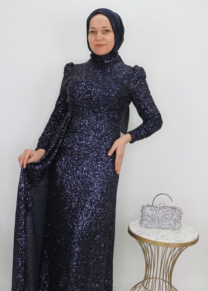 175 ÖMÜ VE ARKASI PUL VE PAYETLİ YANDAN PELERİNLİ ABİYE ELBİSE QYS ABİYE ELBİSE 175 #23-07#