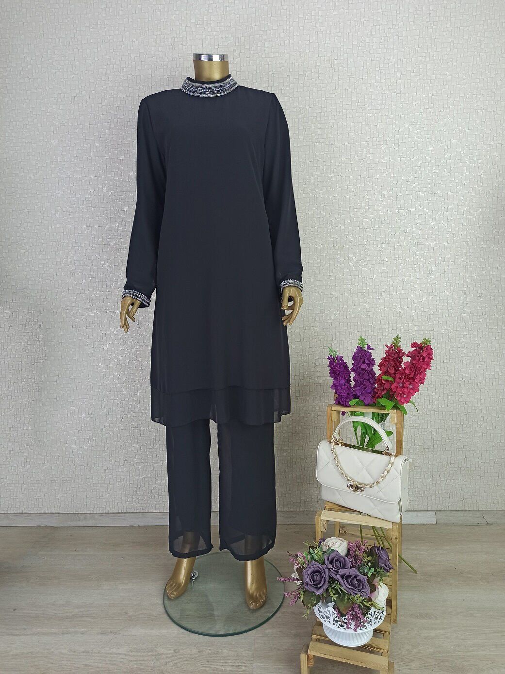 2800 YAKASI VE KOL UCU TAŞ DETAYLI PANTOLON BELİ LASTİKLİ ŞİFON TAKIM 2800#23-08#