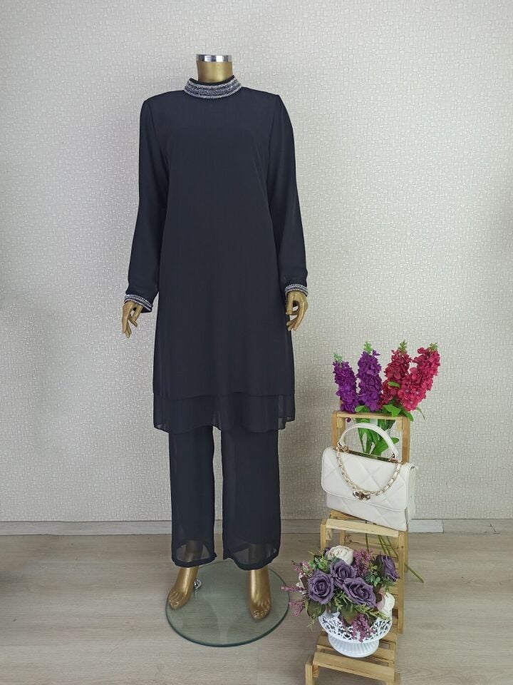 2800 YAKASI VE KOL UCU TAŞ DETAYLI PANTOLON BELİ LASTİKLİ ŞİFON TAKIM 2800#23-08#