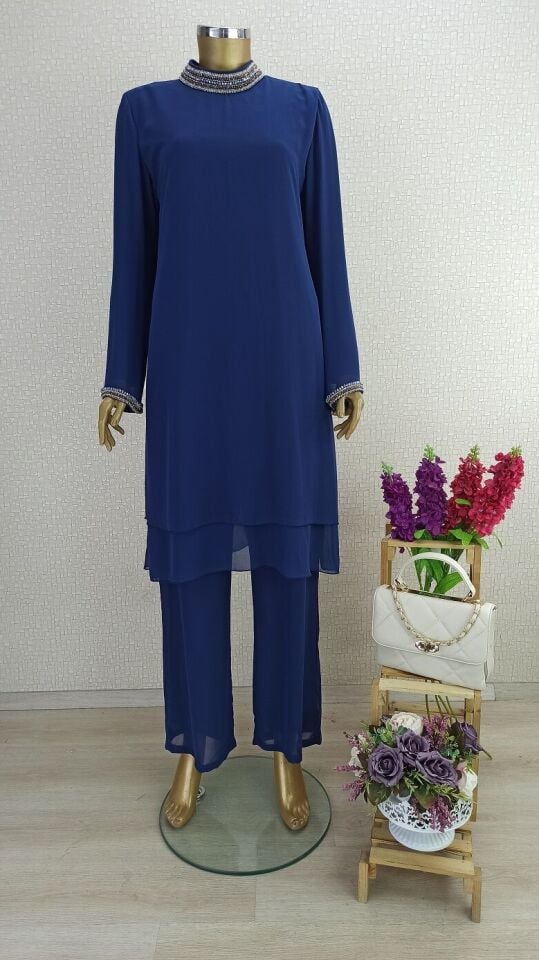 2800 YAKASI VE KOL UCU TAŞ DETAYLI PANTOLON BELİ LASTİKLİ ŞİFON TAKIM 2800#23-08#