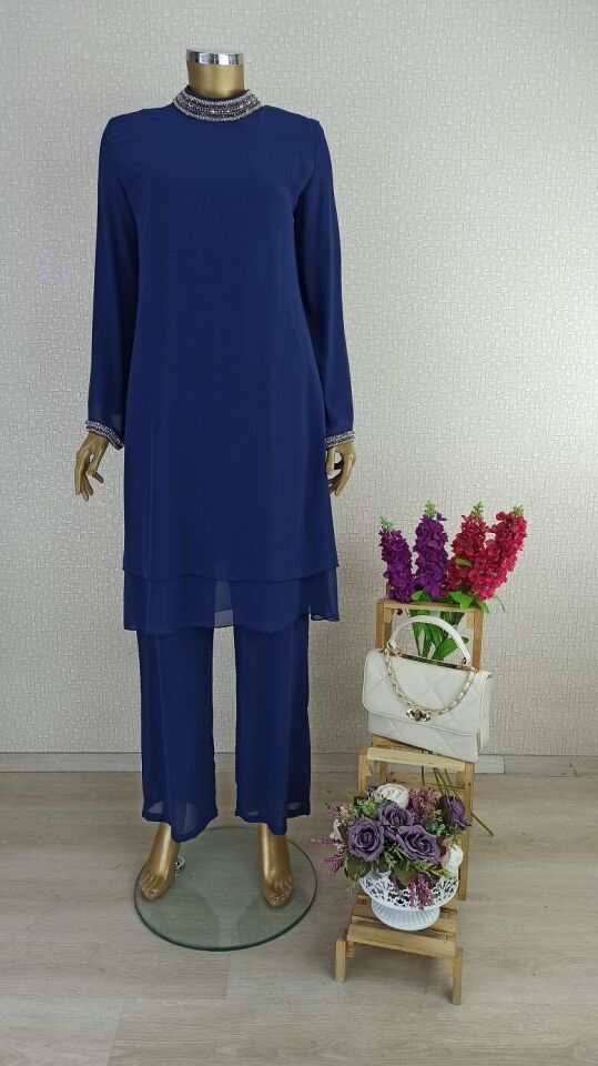 2800 YAKASI VE KOL UCU TAŞ DETAYLI PANTOLON BELİ LASTİKLİ ŞİFON TAKIM 2800#23-08#