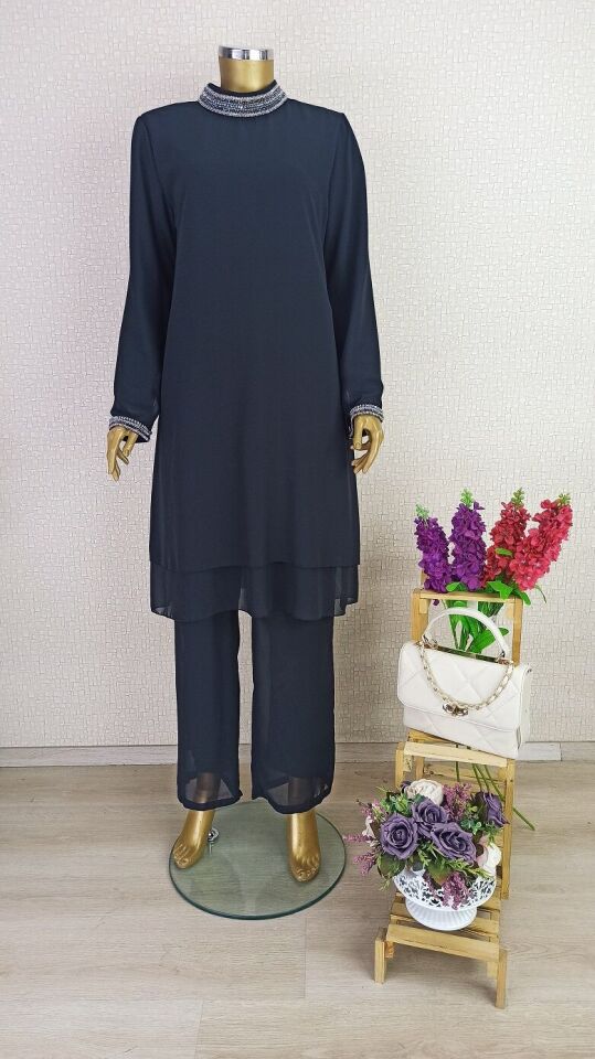 2800 YAKASI VE KOL UCU TAŞ DETAYLI PANTOLON BELİ LASTİKLİ ŞİFON TAKIM 2800#23-08#