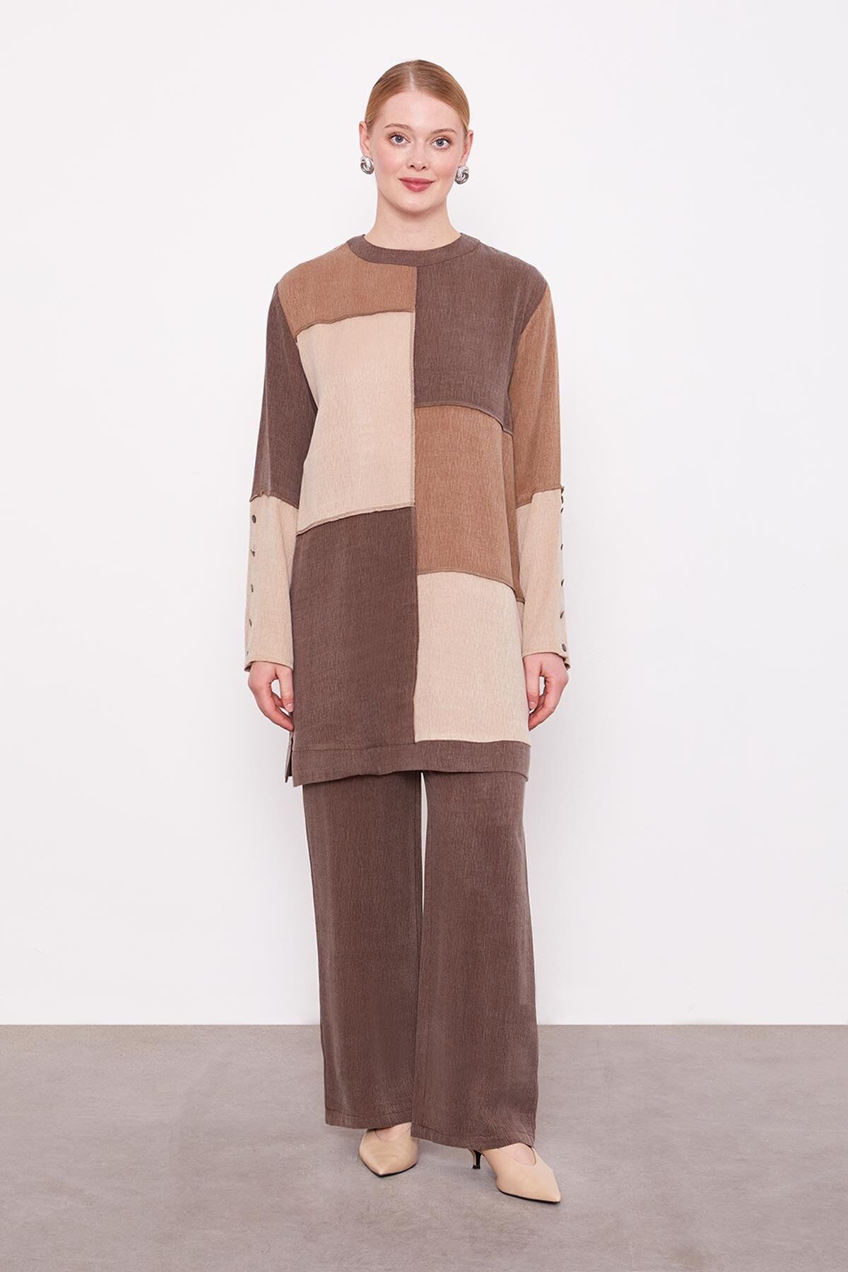 100740 SIFIR YAKA ÖNÜ PARÇA DETAYLI KOLU DÜĞME DETAYLI PANTOLON BELİ LASTİKLİBOL PAÇA PANTOLON 2'Lİ SPOR TAKIM