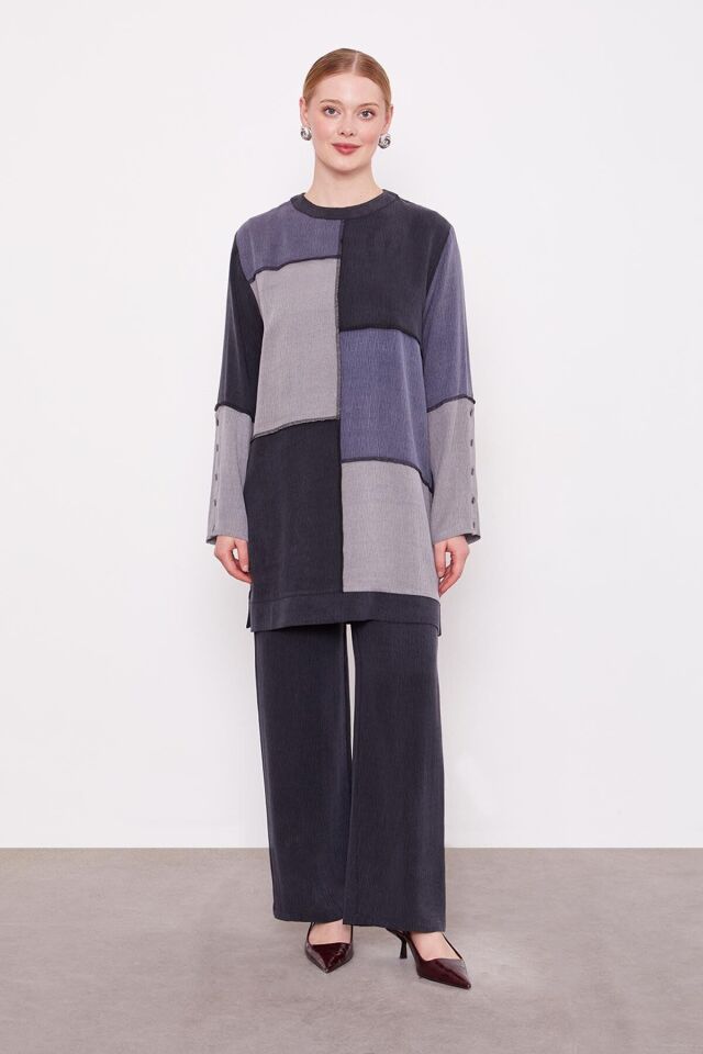 100740 SIFIR YAKA ÖNÜ PARÇA DETAYLI KOLU DÜĞME DETAYLI PANTOLON BELİ LASTİKLİBOL PAÇA PANTOLON 2'Lİ SPOR TAKIM