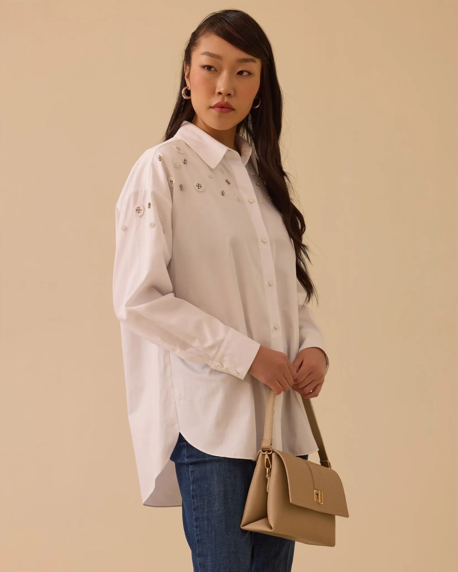 1010 ÖNÜ BONCUK DETAYLI  TAŞ İŞLEMELİ GÜNLÜK GÖMLEK #26#