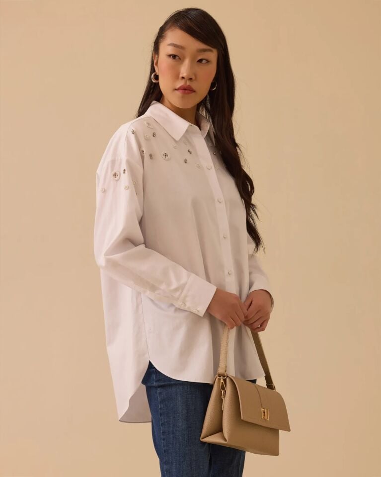 1010 ÖNÜ BONCUK DETAYLI  TAŞ İŞLEMELİ GÜNLÜK GÖMLEK #26#