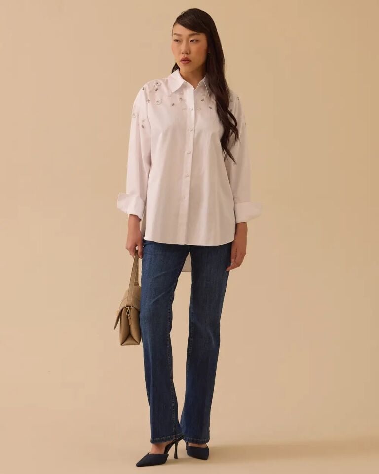 1010 ÖNÜ BONCUK DETAYLI  TAŞ İŞLEMELİ GÜNLÜK GÖMLEK #26#