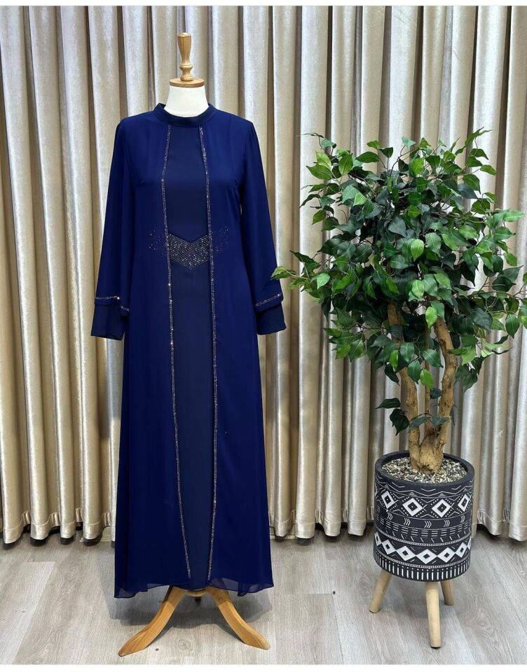 2122 ÖNÜ ŞERİT TAŞ DETYALI DIŞI BOYDAN TÜLLÜ KOL TAŞ DETAYLI ABİYE ELBİSE QYS ABİLYE ELBİSE 2122 #23-083