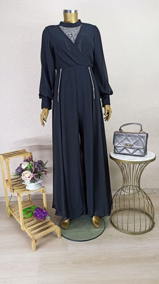 2141 ÖNÜ VE BELİ TAŞ İŞLEMELİ KOL UCU DÜĞMELİ YARIM TÜLLÜ DETAYLI  TULUM QYS TULUM 2141 #23-08#