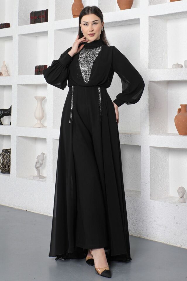 2141 ÖNÜ VE BELİ TAŞ İŞLEMELİ KOL UCU DÜĞMELİ YARIM TÜLLÜ DETAYLI  TULUM QYS TULUM 2141 #23-08#