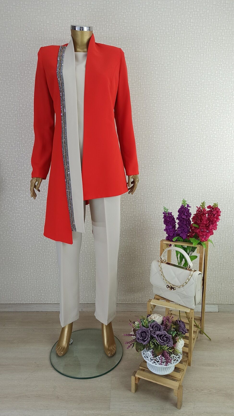 3104 ÖNÜ ŞERİT TAŞ DETAYLI ASİMETRİK KESİM BELİ BAĞLAMLAI PANTOLON BELİ YARIM LASTİKLİ 3 LÜ TAKIM QYS TAKIM 3104 #2032-083