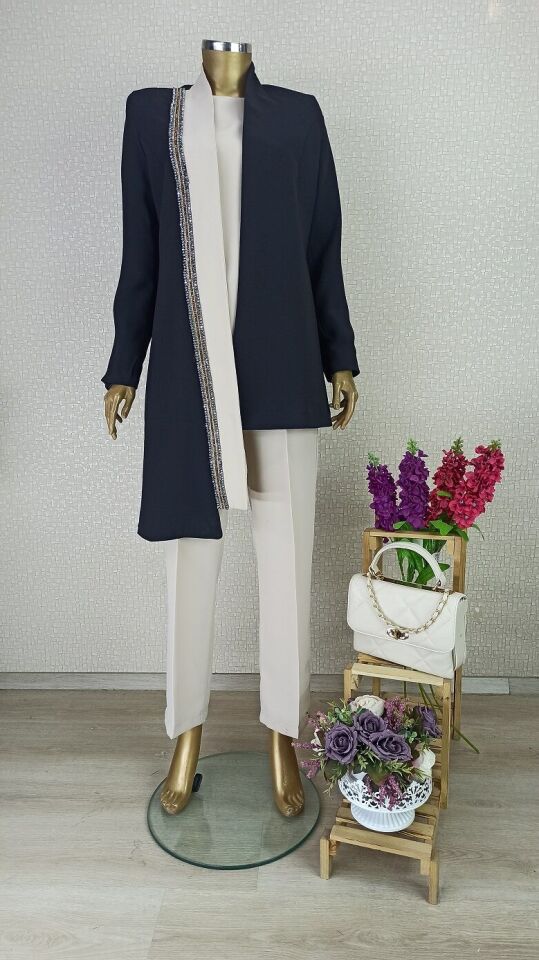 3104 ÖNÜ ŞERİT TAŞ DETAYLI ASİMETRİK KESİM BELİ BAĞLAMLAI PANTOLON BELİ YARIM LASTİKLİ 3 LÜ TAKIM QYS TAKIM 3104 #2032-083