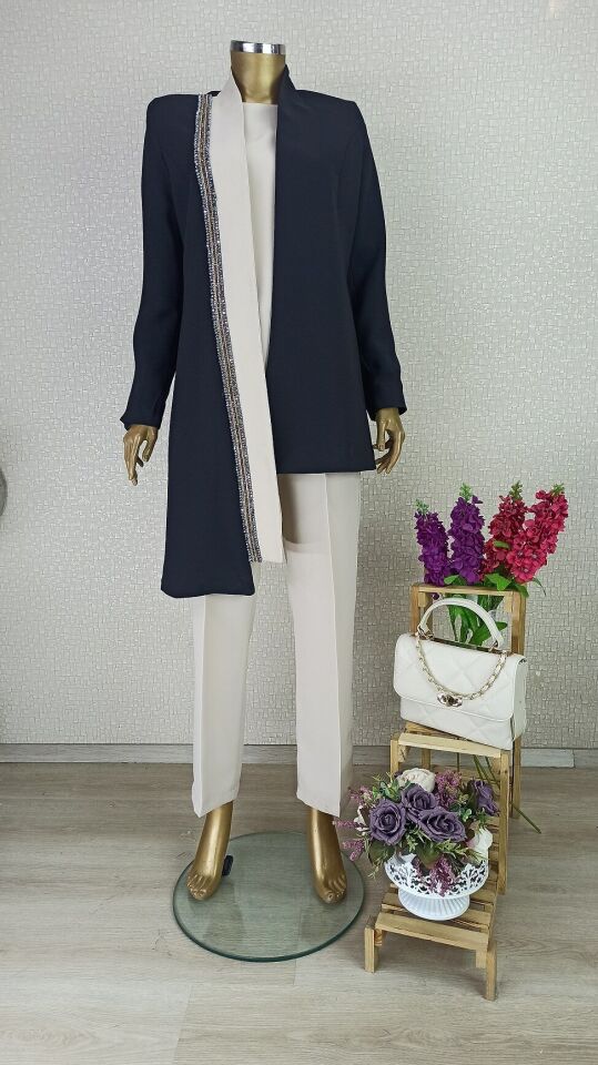 3104 ÖNÜ ŞERİT TAŞ DETAYLI ASİMETRİK KESİM BELİ BAĞLAMLAI PANTOLON BELİ YARIM LASTİKLİ 3 LÜ TAKIM QYS TAKIM 3104 #2032-083