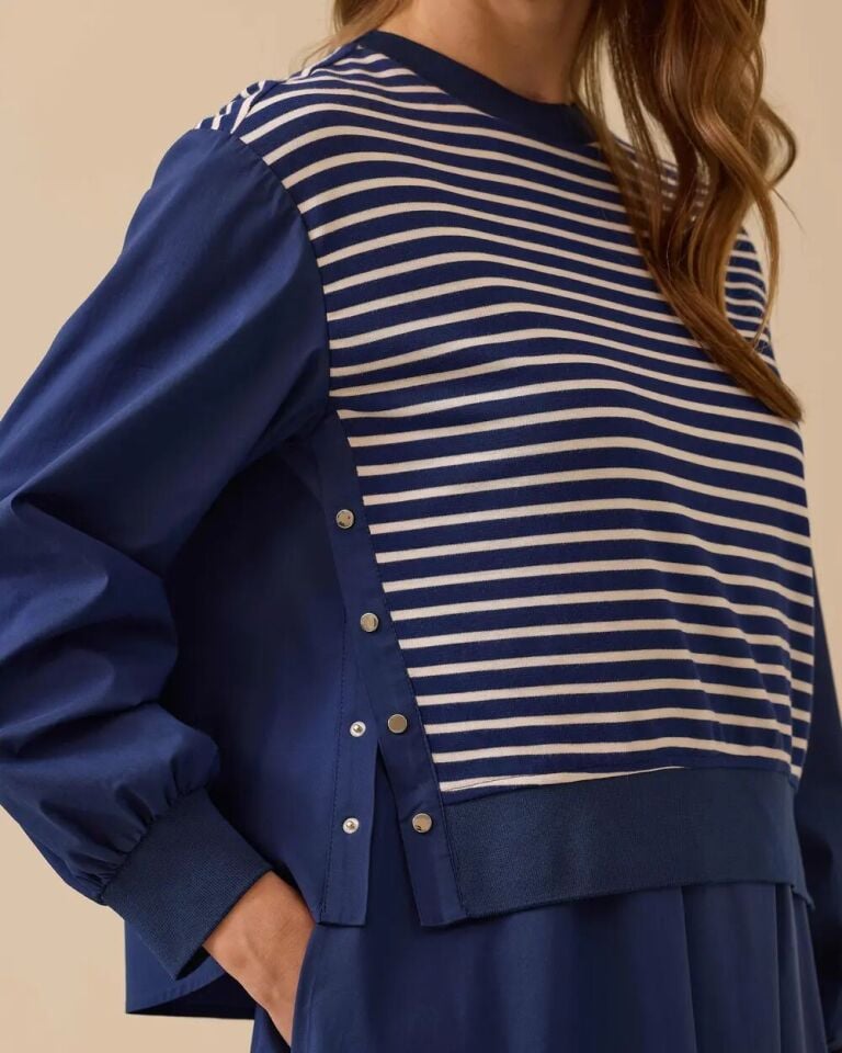 1013 ÇİZGİLİ ARKASI PİLELİ BLUZ ELBİSE 10002511311013 #06-25#