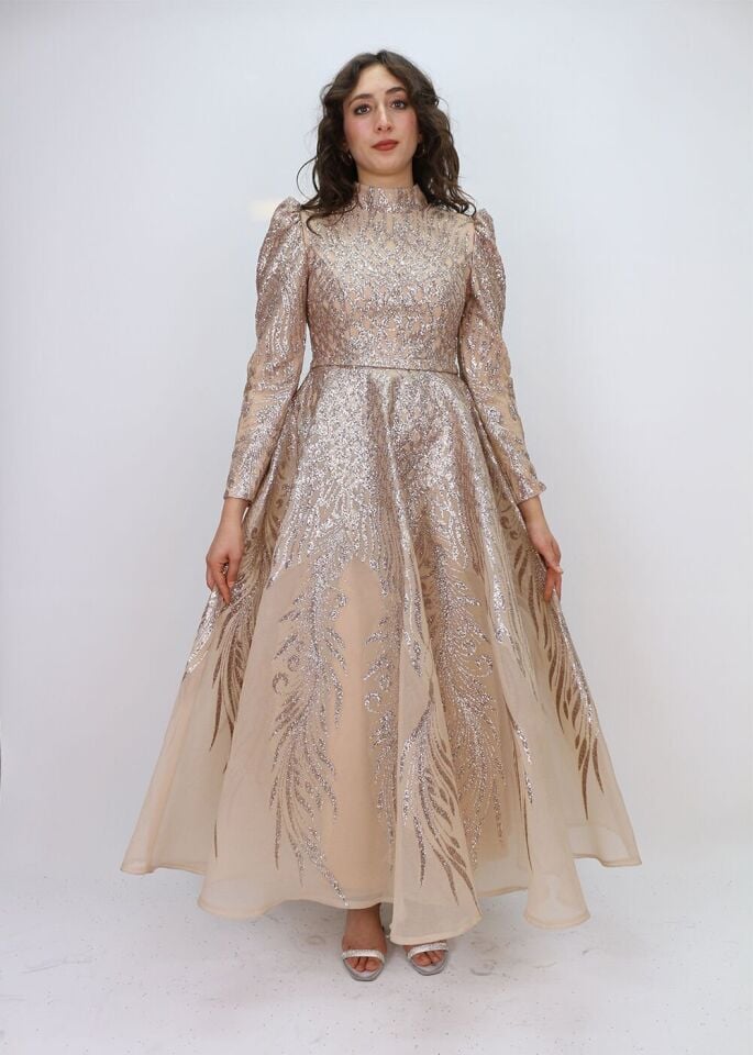 130 ÖNÜ ARKASI SİMLİ BALON KOL BEL KEMERLİ PRENSES MODEL TASARIM ABİYE ELBİSE QYS ABİYE ELBİSE 130#23-083