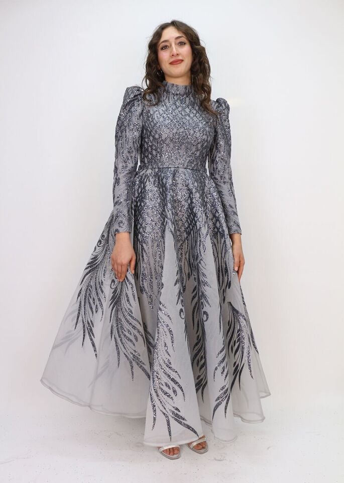 130 ÖNÜ ARKASI SİMLİ BALON KOL BEL KEMERLİ PRENSES MODEL TASARIM ABİYE ELBİSE QYS ABİYE ELBİSE 130#23-083