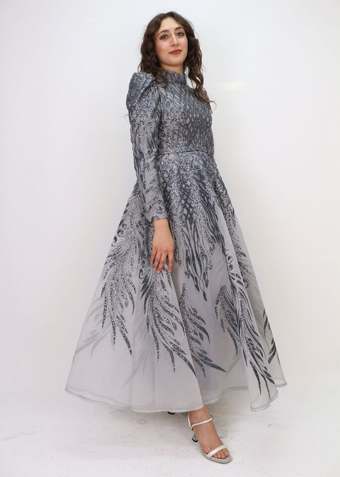 130 ÖNÜ ARKASI SİMLİ BALON KOL BEL KEMERLİ PRENSES MODEL TASARIM ABİYE ELBİSE QYS ABİYE ELBİSE 130#23-083