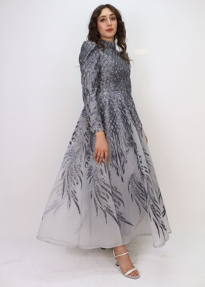 130 ÖNÜ ARKASI SİMLİ BALON KOL BEL KEMERLİ PRENSES MODEL TASARIM ABİYE ELBİSE QYS ABİYE ELBİSE 130#23-083