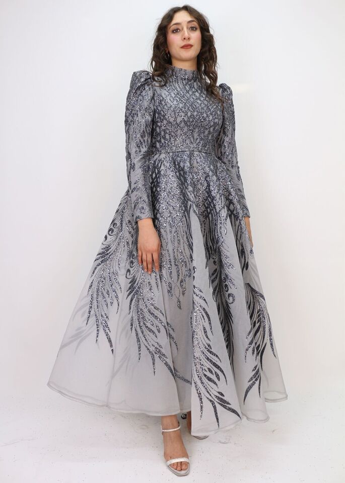 130 ÖNÜ ARKASI SİMLİ BALON KOL BEL KEMERLİ PRENSES MODEL TASARIM ABİYE ELBİSE QYS ABİYE ELBİSE 130#23-083