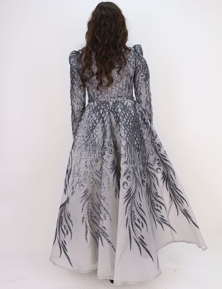 130 ÖNÜ ARKASI SİMLİ BALON KOL BEL KEMERLİ PRENSES MODEL TASARIM ABİYE ELBİSE QYS ABİYE ELBİSE 130#23-083