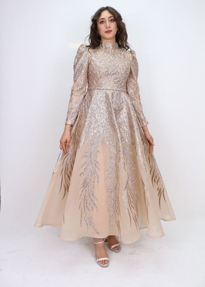 130 ÖNÜ ARKASI SİMLİ BALON KOL BEL KEMERLİ PRENSES MODEL TASARIM ABİYE ELBİSE QYS ABİYE ELBİSE 130#23-083