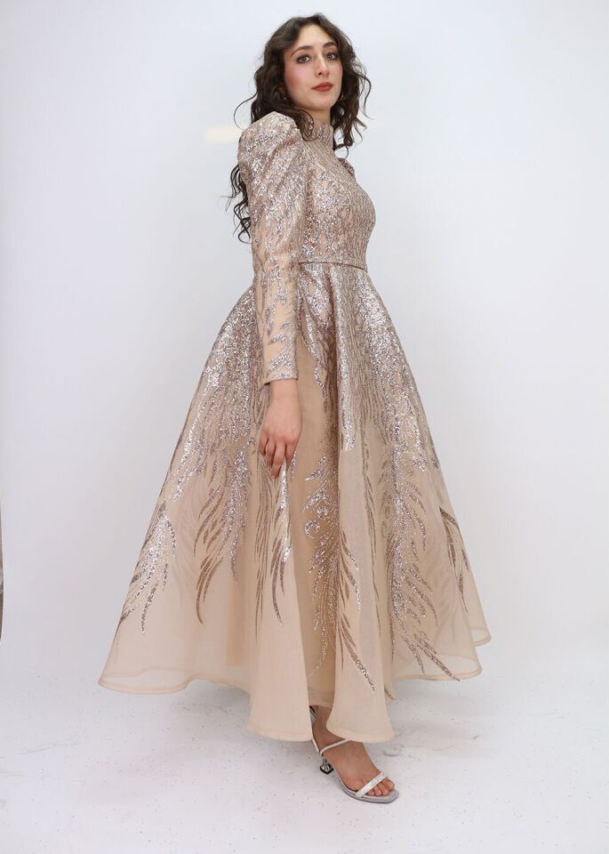 130 ÖNÜ ARKASI SİMLİ BALON KOL BEL KEMERLİ PRENSES MODEL TASARIM ABİYE ELBİSE QYS ABİYE ELBİSE 130#23-083