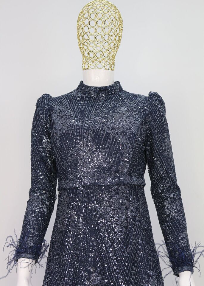 174 KOL UÇLARI TÜY DETAYLI SİMLİ VE PAYET DETAYLI AĞ KESİM KKUYRUKLU ABİYE ELBİSE QYS ABİYE ELBİSE 174 #23-08#