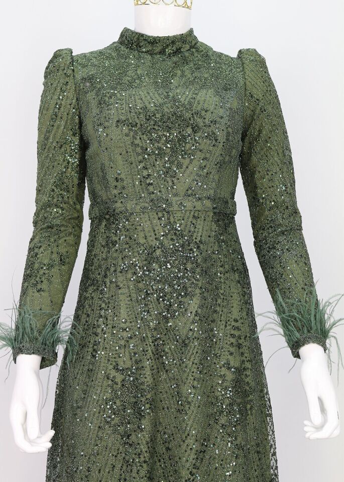 174 KOL UÇLARI TÜY DETAYLI SİMLİ VE PAYET DETAYLI AĞ KESİM KKUYRUKLU ABİYE ELBİSE QYS ABİYE ELBİSE 174 #23-08#