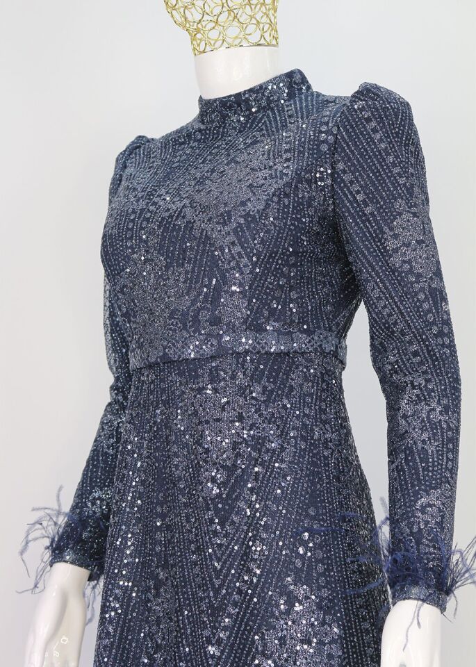 174 KOL UÇLARI TÜY DETAYLI SİMLİ VE PAYET DETAYLI AĞ KESİM KKUYRUKLU ABİYE ELBİSE QYS ABİYE ELBİSE 174 #23-08#