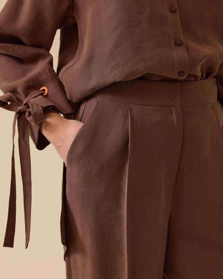 1006 ÖNDEN DÜĞMELİ CEPLİ KLASİK KETEN HAVUÇ PANTOLON 10002511011006 #06-25#