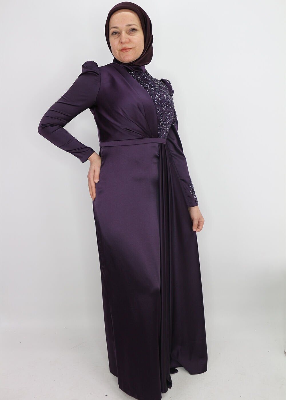 183 GÖĞSÜ OMZU VE KOLU TAŞ DETAYLI BALON KOL BELİ BELİ DEMERLİ BALIK MODEL TASARIM ABİYE QYS ABİYE ELBİSE 183 #23-09#