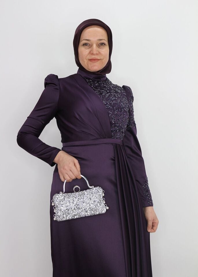 183 GÖĞSÜ OMZU VE KOLU TAŞ DETAYLI BALON KOL BELİ BELİ DEMERLİ BALIK MODEL TASARIM ABİYE QYS ABİYE ELBİSE 183 #23-09#