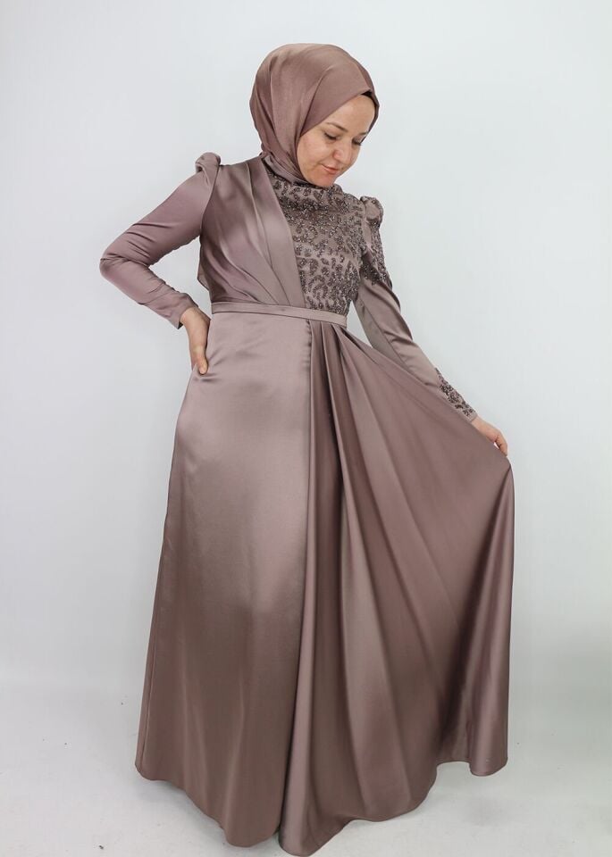 183 GÖĞSÜ OMZU VE KOLU TAŞ DETAYLI BALON KOL BELİ BELİ DEMERLİ BALIK MODEL TASARIM ABİYE QYS ABİYE ELBİSE 183 #23-09#