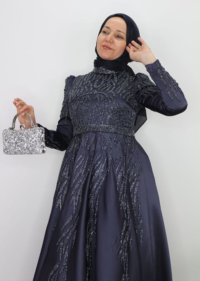 182 ÖNÜ OMZU VE KOLLARI TAŞ DETAYLI PRENSES MODEL MİDİ BOY ABİYE ELİBSE QYS ABİYE ELBİSE 182 #23-09#