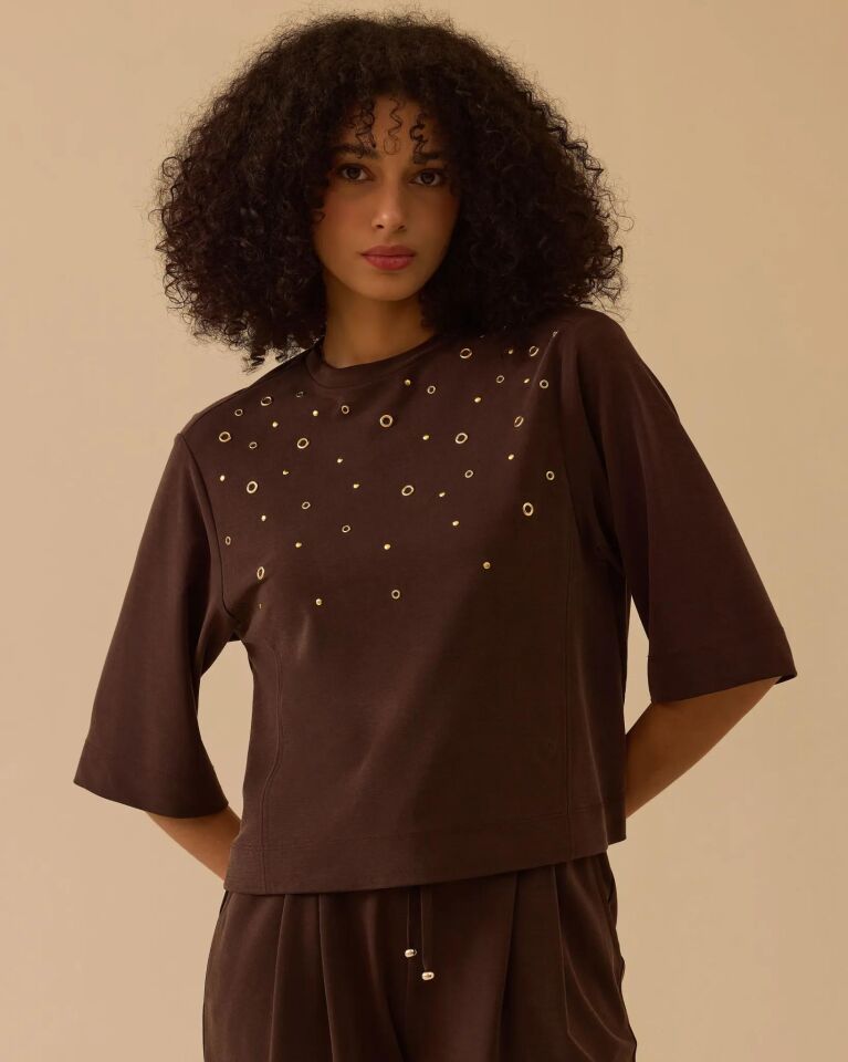10003 METAL HALKA DETAYLI SWEATSHİRT #26# L - Kahverengi