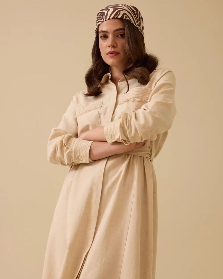 1007 GÜNLÜK TUNİK CEPLERİ PÜSKÜL DETAYLI BELİ KEMERLİ ETEK UCU PÜSKÜLLÜ KETEN GÜNLÜK TUNİK 10002411211007 #06-25#