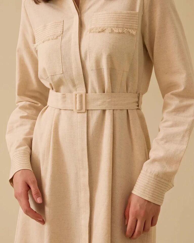 1007 GÜNLÜK TUNİK CEPLERİ PÜSKÜL DETAYLI BELİ KEMERLİ ETEK UCU PÜSKÜLLÜ KETEN GÜNLÜK TUNİK 10002411211007 #06-25#