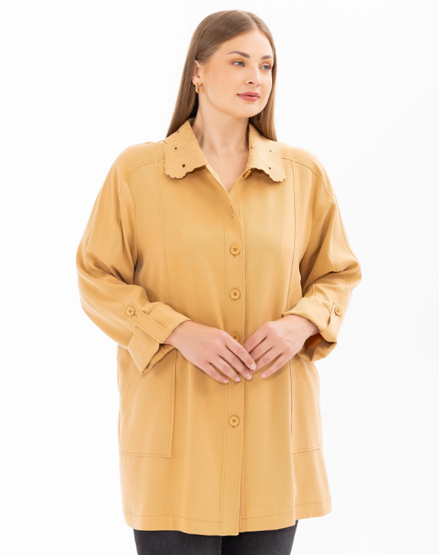 4006 GÜNLÜK KAP ÖNÜDEN ÖNÜ DÜĞMELİ YAKA DETAYLI GÜPÜRLÜ GÜNLÜK KAP QYS GÜNLÜK KAP 10002412514006 #24-07# 44 - CAMEL